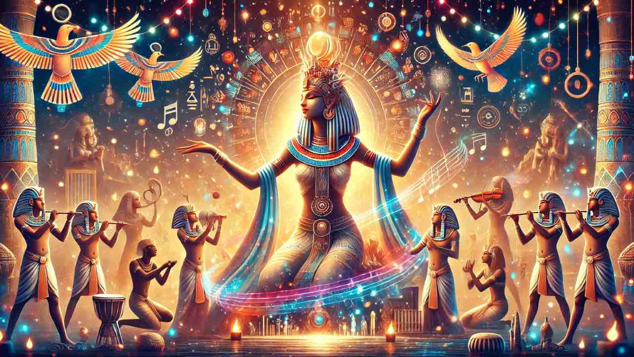 Estatua de Bastet, la diosa egipcia asociada con la música y la alegría, mostrando su conexión con la danza y las celebraciones que representaba en la cultura egipcia.